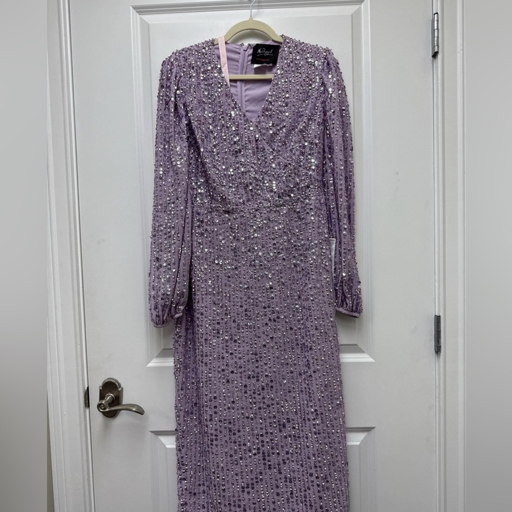 NWT Mac Duggal Purple Sequined Puff Sleeve V Neck Midi Lavender 14 - Picture 8 of 16